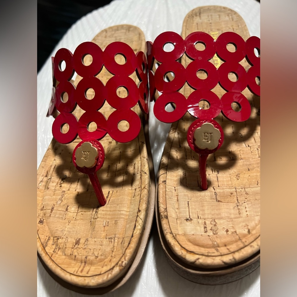 Eric Javits Red Patent Leather Donut Cutout Platform Thong Sandal New
